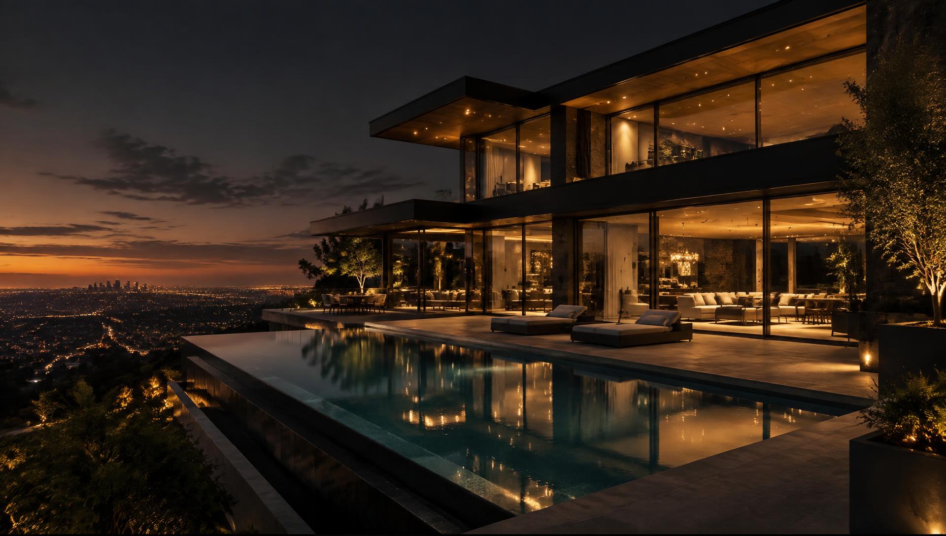 Modern luxury estate illuminated at dusk